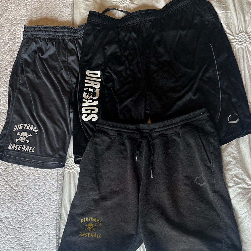 ✅3 pair bundle of Baseball travel team, DIRTBAGS. Black & gray Shorts. M & L